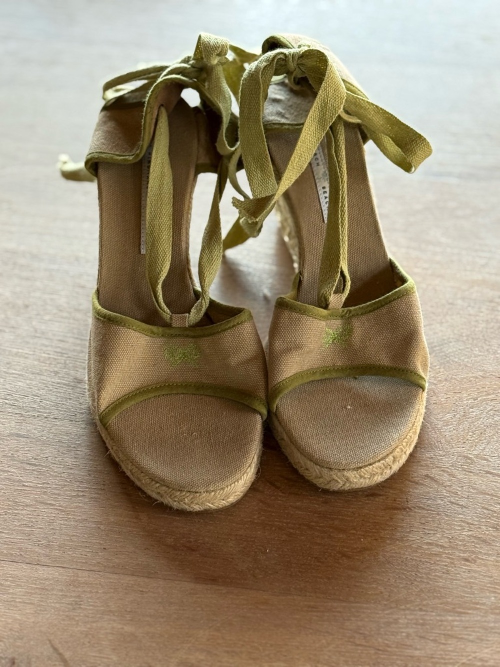 Anya Hindmarch Olive Canvas Espadrille Wedge Sandals with Ankle Ties